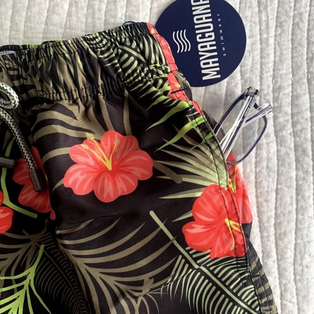 Mayaguana Honolulu Boys Youth Swim Trunks NEW SZ XS (8/10?) Black Red Floral - Picture 4 of 11